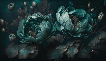 , Close up of blooming flowerbeds of amazing teal flowers on dark moody floral textured background. Photorealistic effect. photo