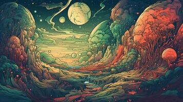 generativo ai, psicodélico espacio bandera modelo en anime manga línea Arte estilo. horizontal ilustración de el futuro paisaje con montañas, planetas, árboles, Luna. surrealista evasión concepto. foto