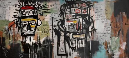 , street graffiti abstract art with ugly face on a textured wall vintage background, inspired by Jean-Michel Basquiat, New York urban style. photo