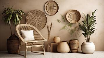 , Eco wooden room with plants with natural furniture, boho ethnic chic style interior design photo