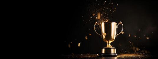 generativo ai, ganador trofeo con llamas, dorado campeón taza con que cae papel picado en oscuro antecedentes foto