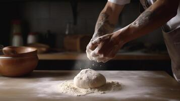 , Hands of baker in restaurant or home kitchen, prepares ecologically natural pastries photo