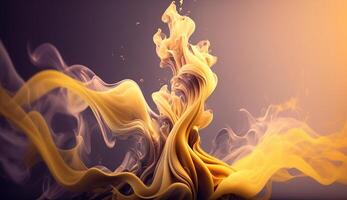 , Flowing light yellow smoke with splashes. Soft fluid banner, spring female mood, 3D effect, modern macro realistic abstract background illustration, ink in water effect. photo