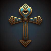 Ancient golden ankh symbol isolated on dark background. Illustration of an Egyptian cross in digital form. The ancient Egyptians used the Ankh as a symbol for eternal life. photo