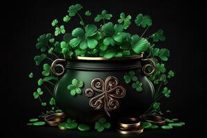 black pot full of gold coins and shamrock leaves. st. patrick's day abstract green background for design, banner, invitation. photo