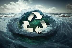 Recycle symbol in the ocean. Green energy concept, no more trash and plastic in sea. Save the ocean from garbage. Protecting the oceans and seas. Eco power photo