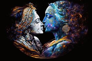 Radha krishna in love medium shot photography portrait of cosmic galactic . symbol of Devine Love. Art Print For Home Decor hindu couple on abstract decorative background photo