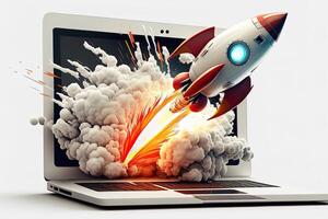 Rocket coming out of laptop screen, white background. AI digital illustration concept of ideas and start up. photo