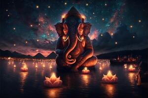 There are many galactic stars in the night sky of a huge massive GANESHA statue, with red lanterns rising in the sky, crowds watching the lantern festival. Ganesha Festival. photo