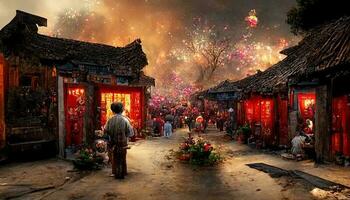 Ancient Chinese village, Chinese New Year, peach flower blossom, multi firework in the sky, bustling market, withered trees. Happy new year concept. Generate AI photo