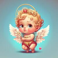 generativo ai adorable bebé Cupido hermosa retrato, lleno cuerpo mano participación un arco y flecha, dibujos animados estilo personaje. amor y enamorado concepto. foto