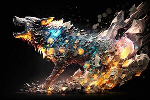 fusion of metal wolf exploding through fire surrounded by scattered glass shards and debris, cosmic energy photo