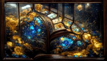 Interior of Magic Library, ornamental glass window, shattered golden nebula, shattered crystals. image of a colorful library of magic, with a large stained glass colorful window photo
