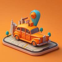 Online mobile application taxi ordering service orange taxi car driving along the route to the marker on a smart phone, on a city map. Car and satellite navigation systems concept. photo