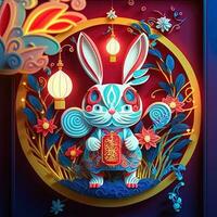 Paper cut quilling multidimensional chinese style cute zodiac rabbit with lanterns, blossom peach flower in background, chinese new year. Lunar new year 2023 concept photo