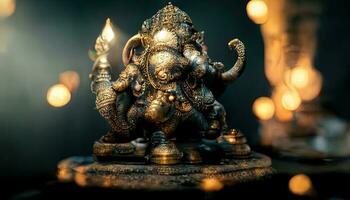 focus on statue of Lord Ganesha, Ganesha Festival. Hindu religion and Indian celebration of Diwali festival concept on dark, red, yellow background and bokeh around photo