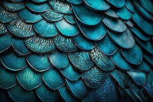 Dragon scales background - turquoise shining shells . Simple background made of dragon scale armor illustration . photo