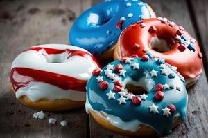 Red, White, and Blue Doughnuts with Glaze. . Fresh sweet donuts in motion with multicolored fruit glaze and sprinkles decorated. Fast sweet food concept, bakery ad design elements. photo