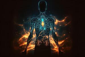 astral cuerpo silueta con resumen espacio antecedentes. esotérico, espiritual vida y meditación concepto. vida futura y conexión con otro mundos creado con generativo ai foto