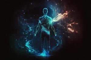 astral cuerpo silueta con resumen espacio antecedentes. esotérico, espiritual vida y meditación concepto. vida futura y conexión con otro mundos creado con generativo ai foto