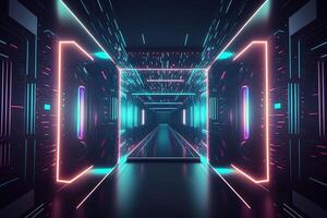 Abstract neon lights into digital technology tunnel. Futuristic technology abstract background with lines for network, big data, data center, server, internet, speed. technology photo