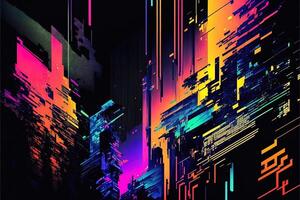 Abstract background with interlaced digital glitch and distortion effect. Futuristic cyberpunk design. Retro futurism, web punk, rave 80s 90s cyberpunk aesthetic techno neon colors. photo