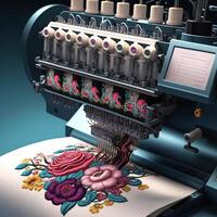 Modern and automatic high technology embroidery machine for textile or clothing apparel making manufacturing process in industrial. Close up Computerized embroidery machines. photo