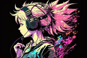 an neon gamer anime fashion girl or woman wearing headphones, lost in her music. abstract background that evokes the feeling of different genres of music. banner music concept photo