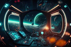 Futuristic navigation system, AR space, floating in the space, flat design, information graphic. Sci-fi space exploration concept. Inside view of the sci-fi cabin of the pilot . photo