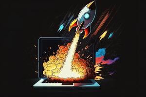 Rocket coming out of laptop screen, black background. AI digital illustration concept of ideas and start up. photo