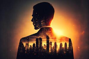 The double exposure image of the business man standing back overlay with cityscape image. The concept of modern life, business, city life and internet of things. photo