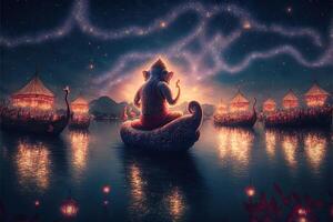There are many galactic stars in the night sky of a huge massive GANESHA statue, with red lanterns rising in the sky, crowds watching the lantern festival. Ganesha Festival. photo