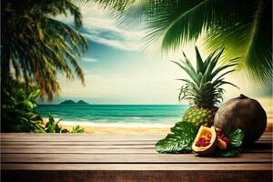tropical playa antecedentes con un de madera mesa en el primer plano y lozano vegetación con un montón de Copiar espacio, Perfecto para edición con tu producto. vacío Listo para tu producto mostrar. generativo ai foto