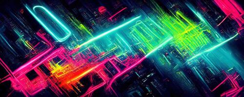 illustration of gaming background abstract, cyberpunk style of gamer wallpaper, neon glow light of sci-fi. Glowing iridescent neon lights for both light and dark backgrounds. photo