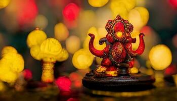 focus on statue of Lord Ganesha, Ganesha Festival. Hindu religion and Indian celebration of Diwali festival concept on dark, red, yellow background and bokeh around photo