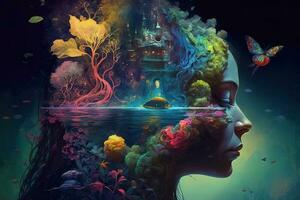 the mind lost deep in thought, thoughts of time and numbers, thoughts of a fantasy land with colorful plants and animals, surreal painting Generation AI photo