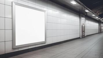 generativo ai, realista calle grande cartelera o póster burlarse de arriba blanco para presentación publicidad. al aire libre firmar blanco en el futurista ciudad, negocio concepto foto