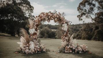 , Wedding ceremony boho rustic style arch with flowers and plants, flower bouquets. photo