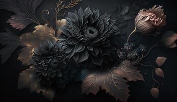 , Close up of blooming flowerbeds of amazing black flowers on dark gothic moody floral textured background. Photorealistic effect. photo