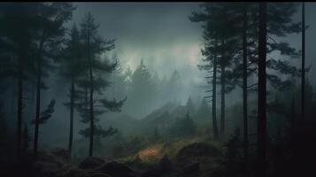 , Misty fir forest beautiful landscape in hipster vintage retro style, foggy mountains and trees photo