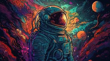 , Psychedelic Space banner template in anime manga line art style. Horizontal illustration of the future landscape with mountains, planets, trees, moon. Surrealist escapism concept. photo