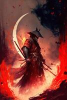 A samurai in a demonic red mask on the battlefield makes a swing with a katana creating a sizzling fire ring around, he is a mystical martial. illustration painting photo