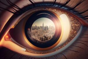 A photograph of a city from above inside the pupil of an eye realistic. Close-up Eye with a modern futuristic city inside it. Look for future. keep moving forward concept. photo