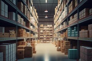 A large clean warehouse with shelfs, carboard boxes and products, . Interior of a industrial warehouse with many shelves with yellow and white box packing. photo