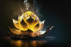 Bright red, yellow lotus flower, burning cloud-like petals, surrounded by magic chaos light, white smoke, falling reflected light, Lotus light with pearls floating on a sparkly background. photo