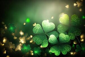 Festive background with shining clover shamrocks and golden bokeh. St. Patrick's Day backdrop. illustration photo