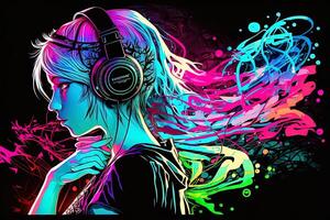 an neon gamer anime fashion girl or woman wearing headphones, lost in her music. abstract background that evokes the feeling of different genres of music. banner music concept photo