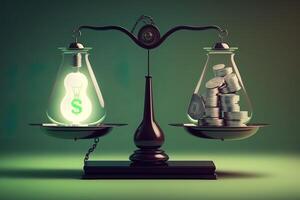 Scales with light bulb on one side and money on the other, concept of ideas and innovation, green background. Digital illustration. photo