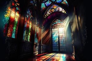 generativo ai palacio interior con alto Vitral ventanas hecho de multicolor vaso, un antiguo majestuoso sala, Dom rayos mediante el ventanas oscuro fantasía interior. foto