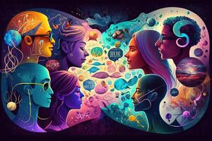 a multiverse of speech, a fantasy world where everyone can talk, with a lot of poetry, colorful, diverse avatars interacting with each other. photo